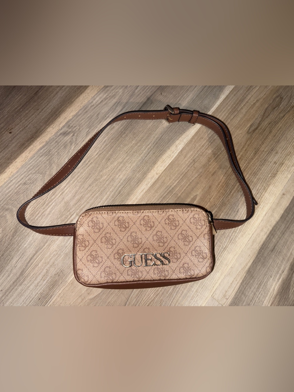 GUESS Brown Tan Monogram Belt Bag with Gold Logo Plaque